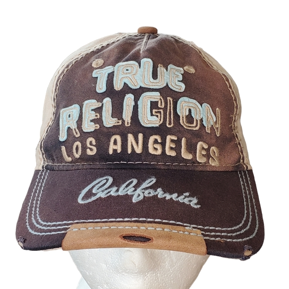 Vintage Y2K True Religion Distressed Los Angeles CA Gray Khaki Embroidered